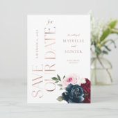 Elegante Navy Burgundy Rose Save The Date (Stehend Vorderseite)