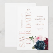 Elegante Navy Burgundy Rose Save The Date (Vorne/Hinten)
