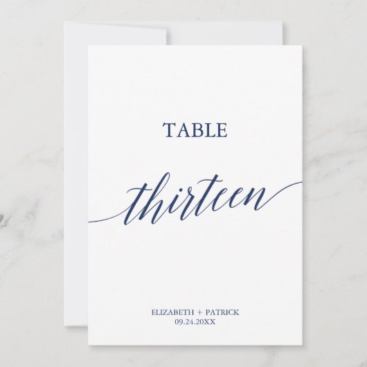Elegante Navy Calligrafy Table 13 Tischnummer (Vorderseite)