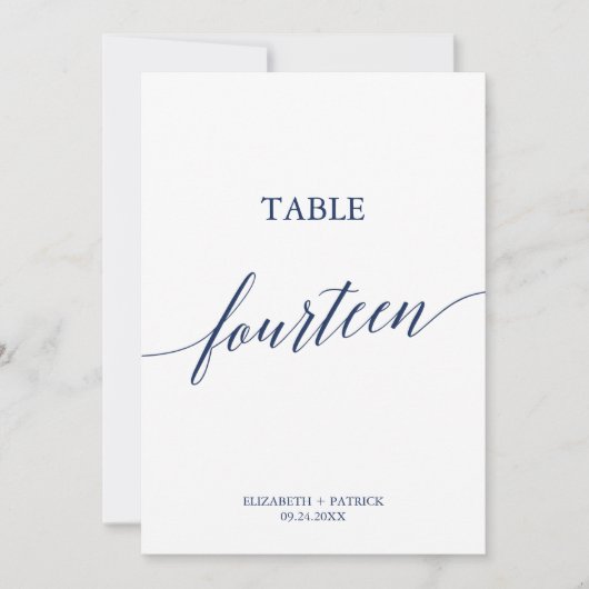Elegante Navy Calligrafy Table 14 Tischnummer (Vorderseite)