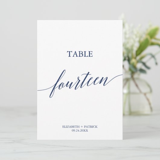 Elegante Navy Calligrafy Table 14 Tischnummer (Stehend Vorderseite)