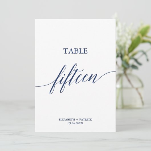 Elegante Navy Calligrafy Table 15 Tischnummer (Stehend Vorderseite)