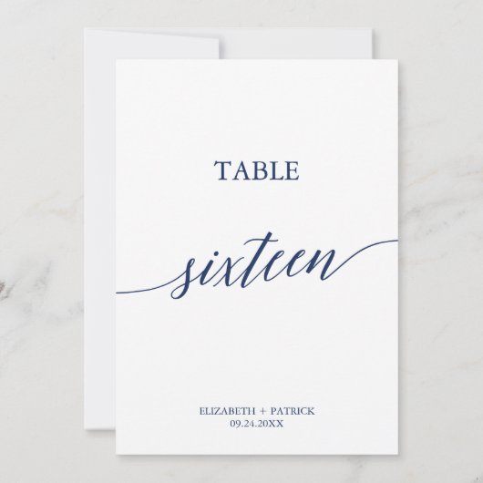 Elegante Navy Calligrafy Table 16 Tischnummer (Rückseite)