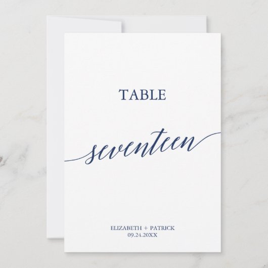 Elegante Navy Calligrafy Table 17 Tischnummer (Rückseite)