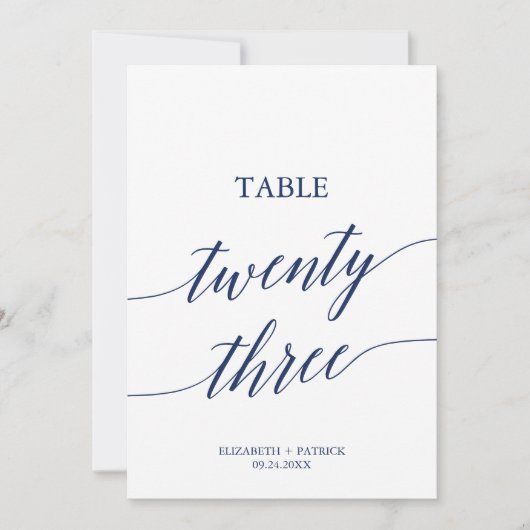 Elegante Navy Calligrafy Table 23 Tischnummer (Vorderseite)