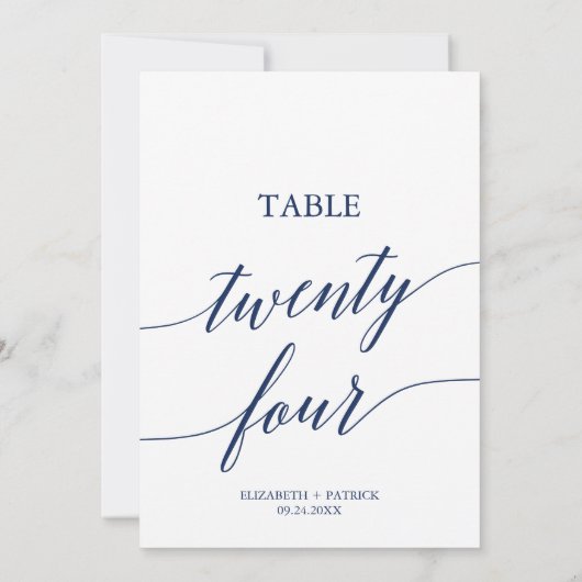 Elegante Navy Calligrafy Table 24 Tischnummer (Rückseite)