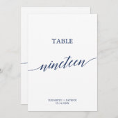 Elegante Navy Calligraphy Table 19 Tischnummer (Vorne/Hinten)
