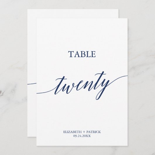 Elegante Navy Calligraphy Table 20 Tischnummer (Vorne/Hinten)