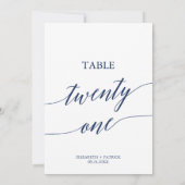Elegante Navy Calligraphy Table 21 Tischnummer (Rückseite)
