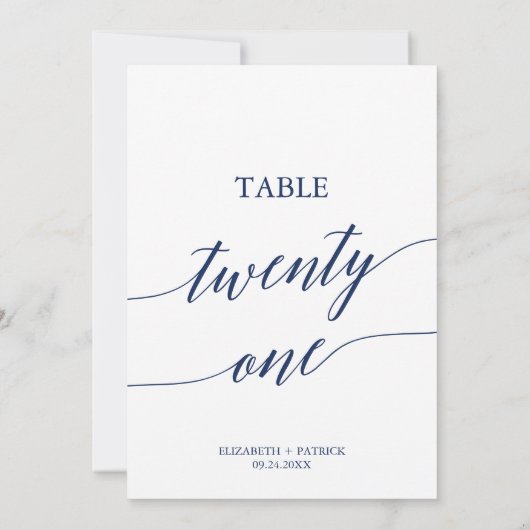 Elegante Navy Calligraphy Table 21 Tischnummer (Rückseite)