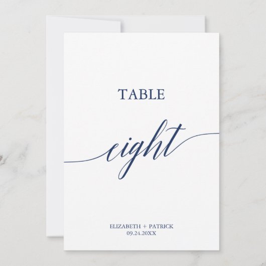 Elegante Navy Calligraphy Table Aight Tischnummer (Rückseite)