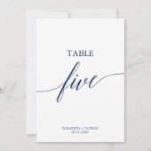 Elegante Navy Calligraphy Table Five Tischnummer (Vorderseite)