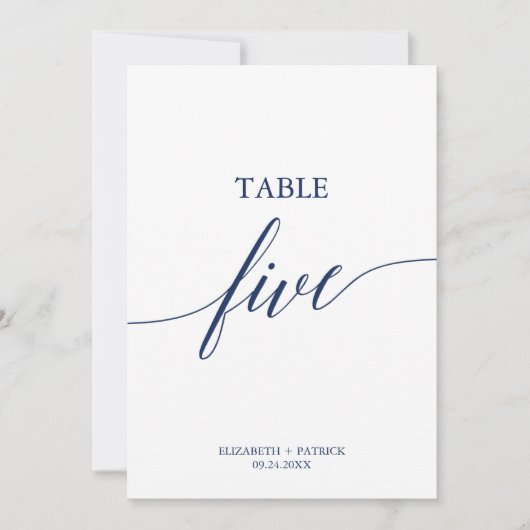 Elegante Navy Calligraphy Table Five Tischnummer (Vorderseite)