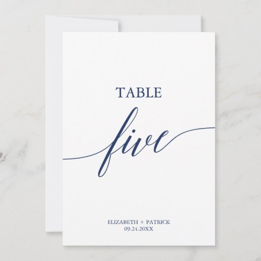 Elegante Navy Calligraphy Table Five Tischnummer (Rückseite)