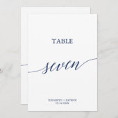 Elegante Navy Calligraphy Table Seven Tischnummer (Vorne/Hinten)