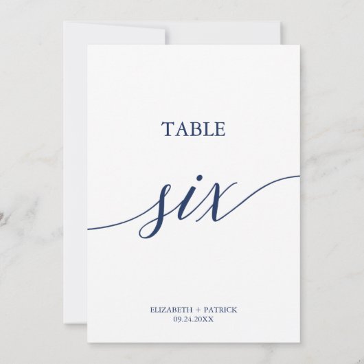 Elegante Navy Calligraphy Table Six Tischnummer (Rückseite)