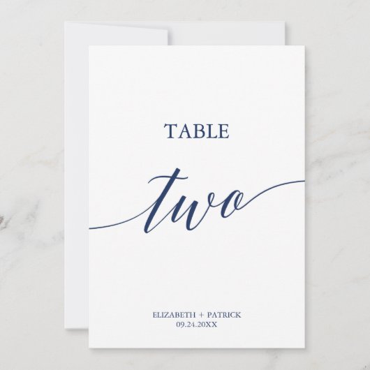 Elegante Navy Calligraphy Table Two Tischnummer (Vorderseite)