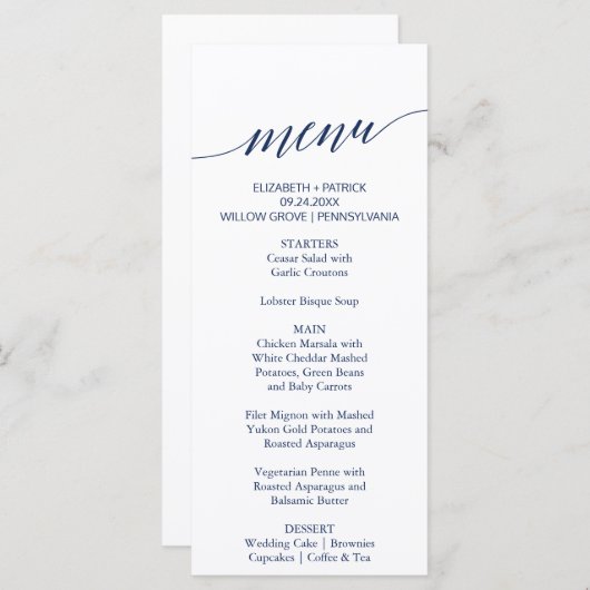 Elegante Navy Calligraphy Wedding Dinner Menu Card Menükarte (Vorne/Hinten)
