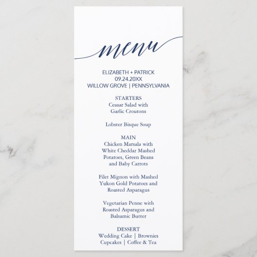 Elegante Navy Calligraphy Wedding Dinner Menu Card Menükarte (Vorderseite)