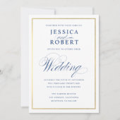 Elegante Navy Calligraphy Wedding Imitate Gold Bor Einladung (Vorderseite)