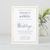 Elegante Navy Calligraphy Wedding Imitate Gold Bor Einladung (Stehend Vorderseite)