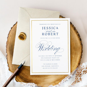 Elegante Navy Calligraphy Wedding Imitate Gold Bor Einladung