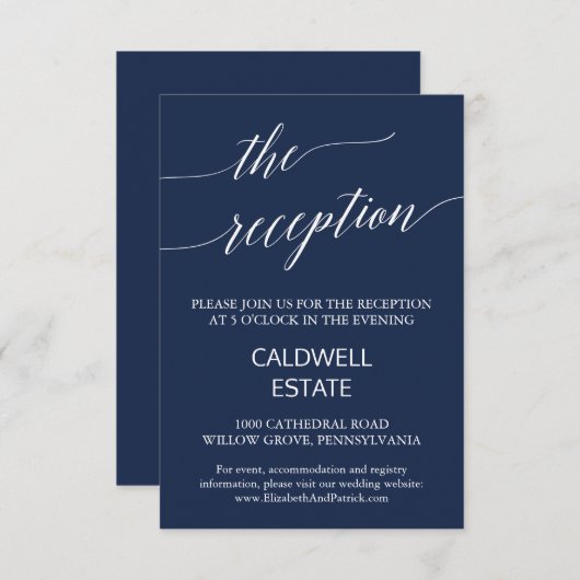 Elegante Navy Calligraphy Wedding Reception Card Einladung (Vorne/Hinten)