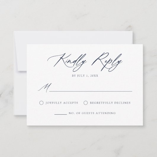 Elegante Navy Calligraphy Wedding RSVP Karte (Vorderseite)