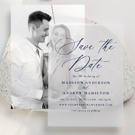 Elegante Navy Calligraphy Wedding Save the Dates Pergament Einladungen