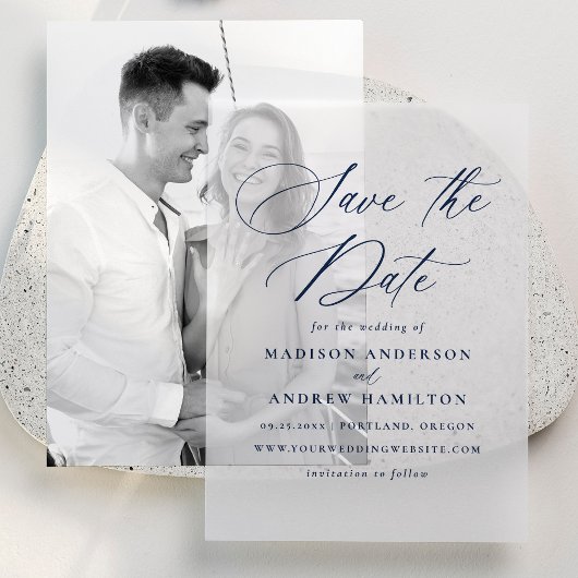 Elegante Navy Calligraphy Wedding Save the Dates Pergament Einladungen