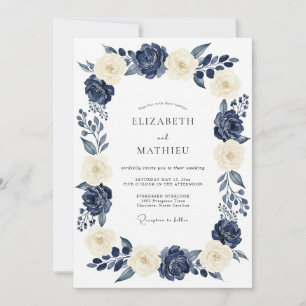 Elegante Navy-Cream-Hochzeitsblumen Einladung