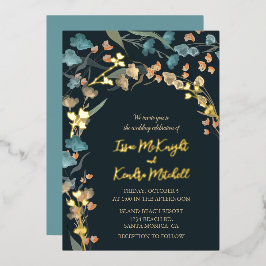Elegante Navy Dusty Blue Botanical Wedding Folieneinladung