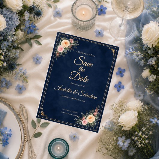 Elegante Navy-Ecken-Blumenhochzeit Save The Date