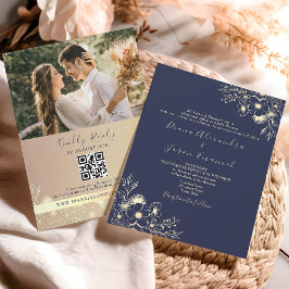 Elegante Navy Fall Floral QR Code Hochzeit Einladung
