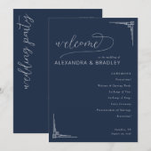 Elegante Navy-Geometrie-Hochzeitszeremonie-Program Programm (Vorne/Hinten)