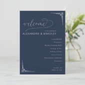 Elegante Navy-Geometrie-Hochzeitszeremonie-Program Programm (Stehend Vorderseite)