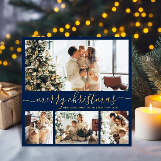 Elegante Navy Gold 4 Foto Collage Weihnachten