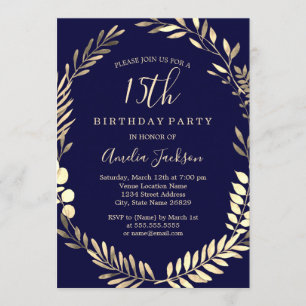 Elegante Navy Gold Aquarell 15. Geburtstag Einladung