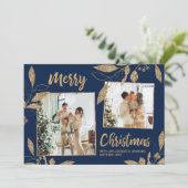 Elegante Navy Gold Blätter 2 Foto Weihnachtskarte (Stehend Vorderseite)