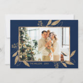 Elegante Navy Gold Blätter 2 Foto Weihnachtskarte (Rückseite)