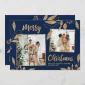 Elegante Navy Gold Blätter 2 Foto Weihnachtskarte (Vorne/Hinten)