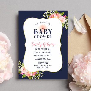 Elegante Navy-Gold Blumen-Babyparty für Mädchen Einladung