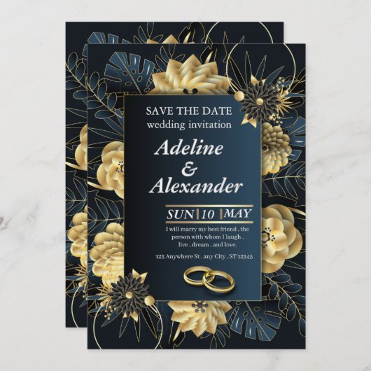 Elegante Navy-Gold Blumen-Hochzeitseinladung Einladung (Vorne/Hinten)