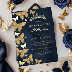 Elegante Navy Gold Butterfly Quinceanera Folieneinladung