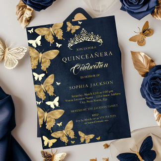 Elegante Navy Gold Butterfly Quinceanera Folieneinladung