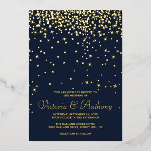 Elegante Navy & Gold Falling Stars Hochzeit Real Folieneinladung (Vorderseite)