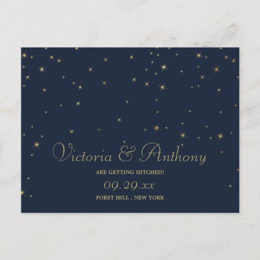Elegante Navy & Gold Falling Stars Save the Date Ankündigungspostkarte (Vorderseite)