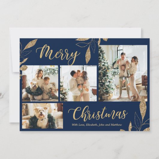 Elegante Navy Gold Foto Collage Weihnachtskarte (Vorderseite)