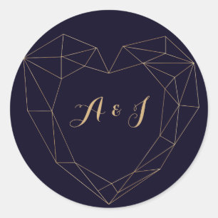 Elegante Navy Gold Geometric Heart Frame Wedding Runder Aufkleber