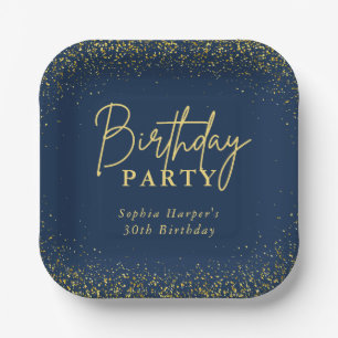 Elegante Navy-Gold-Glitter-Konfetti-Geburtstagsfei Pappteller